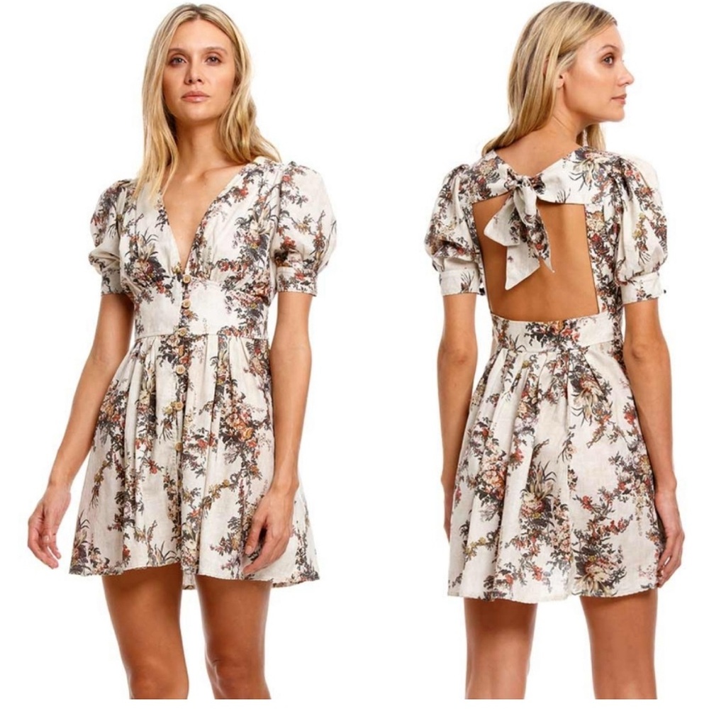 Agua Bendita Beige Menta Papier Floral Mini Dress